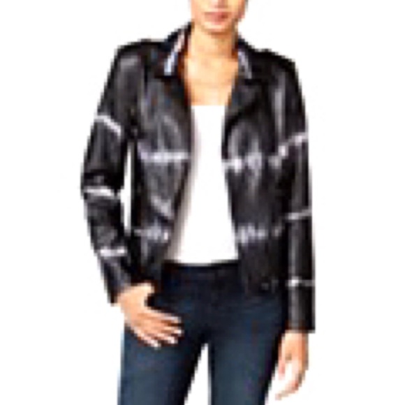 Bar III Faux Leather Jacket Black & Gray Tie-Dye Pattern Zipped Pockets Size S - Picture 4 of 11